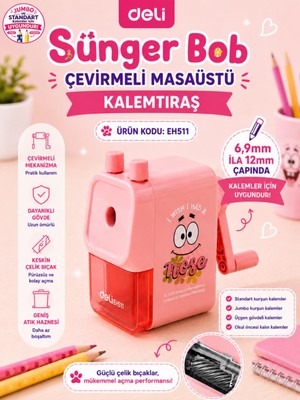 Deli EH511 Spongebob Lisanslı Masaüstü Kalemtıraş Pembe – Jumbo ve Standart Kalem Uyumlu