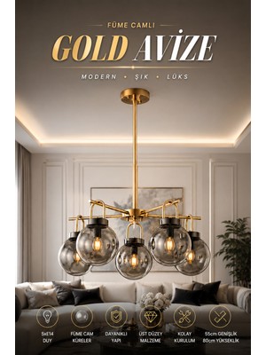 Elvora Home Modern (Premium) 5'li Füme Camlı Gold Kasalı Sarkıt Avize Salon Mutfak Yatak Odası Avizesi Modelleri 5XE14 Duyulu
