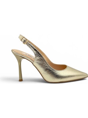 Vieris Gold Metalik Hakiki Deri Toka Detaylı Sivri Burun Slingback Kadın Stiletto (34201)