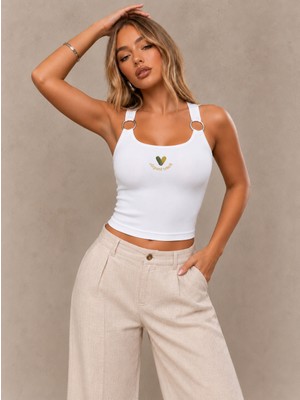 Pengora Julia Kadın Halka Detaylı U Yaka Crop Atlet Askılı Esnek Basic Yazlık Bluz