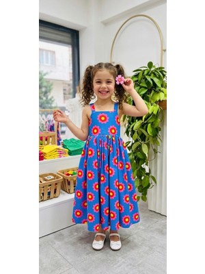 Minivo Kids Cumino Kız Çocuk Pamuklu Mavi Çiçek Desenli Askılı Elbise