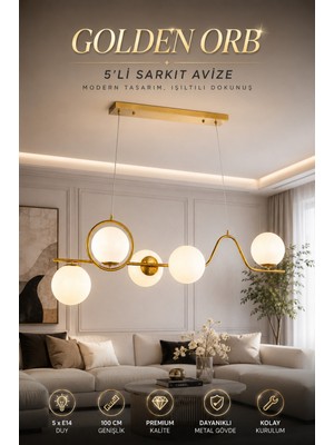 Elvora Home Modern (Premium) Gold 5'li Opal Küre Sarkıt Avize Dekoratif Lüks Salon Oturma Odası Avizesi Modelleri 5XE14 Duylu
