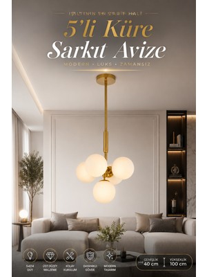 Elvora Home Modern (Premium) Gold 5'li Opal Küre Sarkıt Avize Gold Gövde Dekoratif Salon Oturma Odası Avizesi Modelleri 5XE14 Duylu