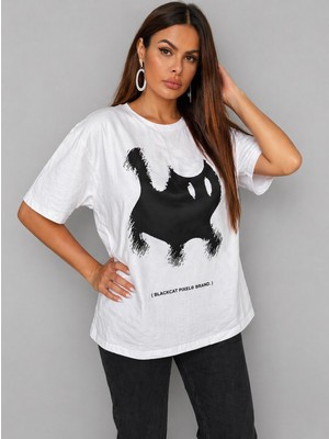 Serba Oversize Baskılı Kadın Tişört Bisiklet Yaka Kısa Kollu Streetwear Günlük Beyaz T-Shirt