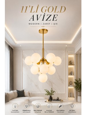 Elvora Home Modern (Premium) 11'li Gold Opal Küre Avize Modern Sarkıt Avize Salon Yemek Odası Avizesi Modelleri 11XE14 Duylu