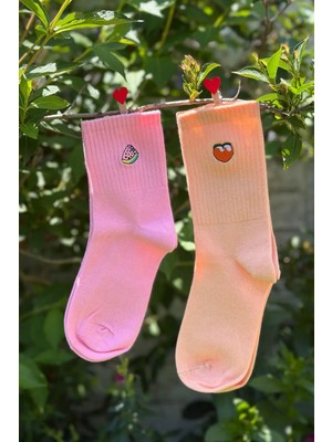 Lou Socks Unisex Karpuz ve Şeftali Nakışlı 2'li Tenis Spor Çorap