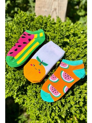Lou Socks Unisex 3'lü Karpuz ve Portakal Desenli Patik Çorap