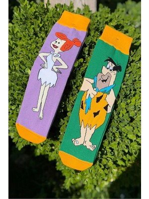 Lou Socks Unisex Taş Devri Çifti Desenli Çiftlere Özel 2'li Sevgili Kombini Soket Çorap Seti