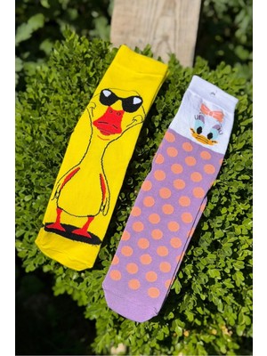 Lou Socks Unisex Ördek Çifti Desenli Çiftlere Özel 2'li Sevgili Kombini Soket Çorap Seti