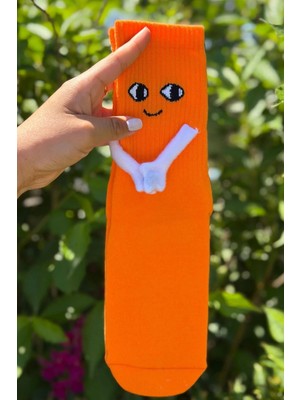 Lou Socks Unisex Turuncu El Ele Tutuşan Halay Çeken Sevimli Yüz Desenli Soket Çorap