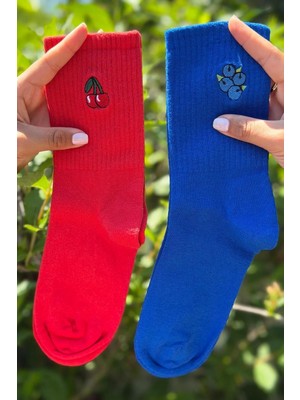 Lou Socks Unisex Kiraz ve Yaban Mersini Nakışlı 2'li Tenis Spor Çorap
