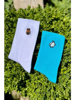 Lou Socks Unisex Kedi ve Penguen Nakışlı 2'li Tenis Spor Çorap