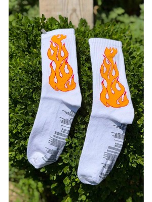 Lou Socks Unisex Beyaz Alev Desenli Renkli Soket Çorap