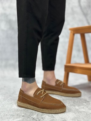 ET0358 Doğal Deri Tozu Bağcıklı Kauçuk El Yapımı Espadril Taban Taba Renk Erkek Ayakkabı