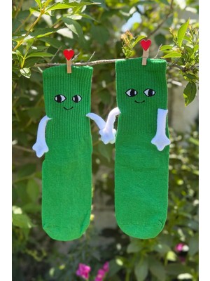 Lou Socks Unisex Yeşil El Ele Tutuşan Halay Çeken Sevimli Yüz Desenli Soket Çorap