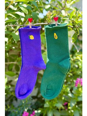 Lou Socks Unisex Limon ve Avokado Nakışlı 2'li Tenis Spor Çorap