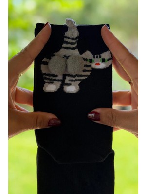 Lou Socks Unisex Siyah Yeşil Gözlü Tekir Kedi Desenli Ponpon Soket Çorap