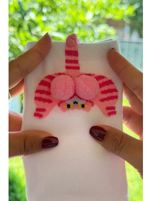 Lou Socks Unisex Beyaz Kedi Desenli Ponpon Çorap