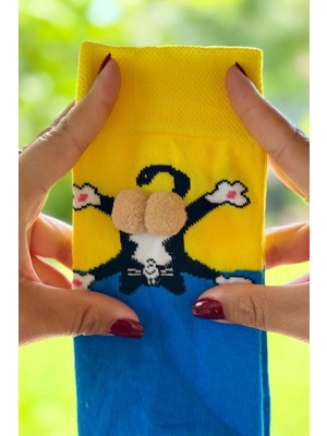 Lou Socks Unisex Sarı Mavi Renk Bloklu Kedi Desenli Ponpon Soket Çorap