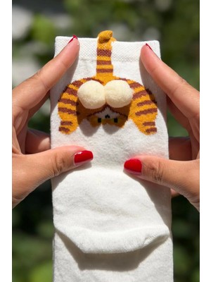 Lou Socks Unisex Bej Krem Ponponlu Kedi Desenli Soket Çorap