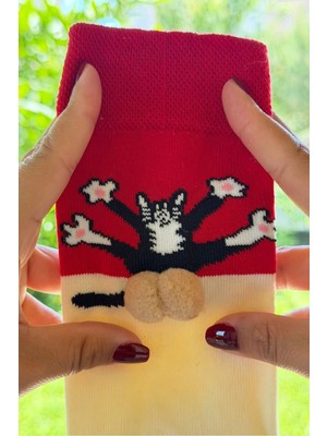 Lou Socks Unisex Kırmızı Krem Renk Bloklu Kedi Desenli Ponpon Soket Çorap