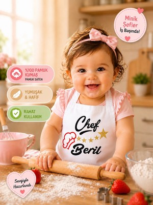 Teknik Kişiye Özel Isim Baskılı Minik Şef Bebek Önlüğü Pamuk Saten Kumaş Gold Veya Gümüş Yıldız Seçenekli