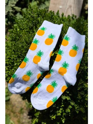 Lou Socks Unisex Ananas Desenli Beyaz Soket Çorap