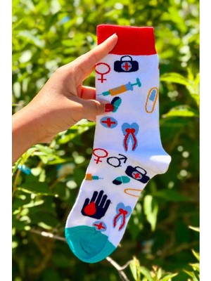 Lou Socks Unisex Doktor Hemşire Medikal Desenli Beyaz Soket Çorap