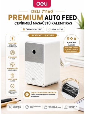 Deli 71160 Premium Auto Feed Çevirmeli Masaüstü Kalemtıraş Beyaz | 5 Kademe Uç Ayarlı