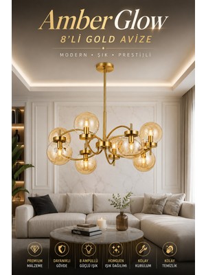 Elvora Home Modern (Premium) Avize Gold Gövdeli Amber Camlı 8'li Lüks Sarkıt Salon Oturma Odası Avizesi Modelleri 8XE14 Duylu