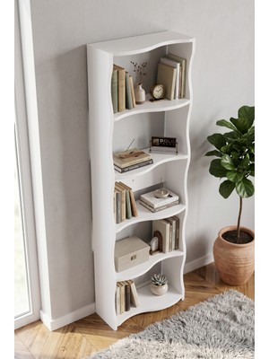GOLDFALEZ Kitaplık 5 Raflı Esinti Modern Çok Amaçlı Dekoratif Raf Ünitesi Geniş Kütüphane Ofis Kitaplığı 7081 Beyaz