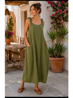 Musimino Moda Kadın Keten Cepli Askı Bağlamalı Salaş Maxi Elbise