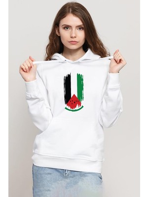 Tshirthane Watermelon Palestine Flag Beyaz Kadın 3ip Kapşonlu Sweatshirt
