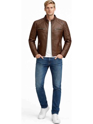 Arven Deri Erkek Hakiki Deri Kahverengi Biker Ceket – Modern Slim Fit
