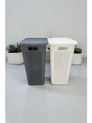 Nomikase 90 Litre Kapaklı Dekoratif Iki Bölmeli Kirli Çamaşır Sepeti