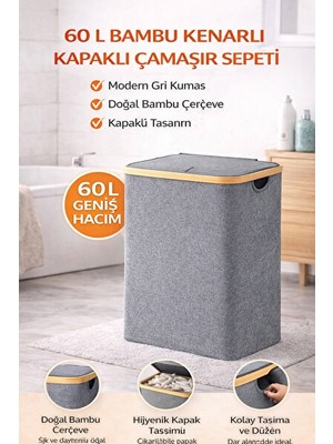 Nomikase Gri Kenarlı Bambu Kapaklı Çamaşır Sepeti, 60L Kapasiteli Modern Tasarım