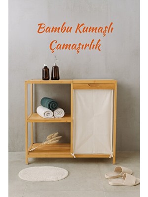 Nomikase Bambu 3 Raflı Kapaklı Kirli Çamaşır Sepeti, Kumaş Torbalı ve Doğal Tasarım