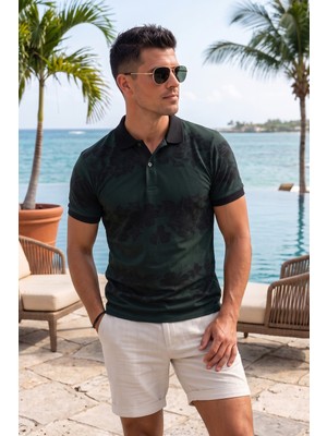 Exve Exclusive Koyu Yeşil Üzerine Siyah Çiçek Detaylı Kıvrılmaz Yaka Yazlık Polo Tişört %100 Pamuk Nefes Alan T-Shirt