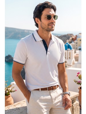 Exve Exclusive Beyaz Üzeri Mavi Puantiyeli Kıvrılmaz Yaka Yazlık Polo Tişört %100 Pamuk Nefes Alan T-Shirt