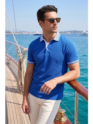 Exve Exclusive Saks Mavi Yaka Detaylı Kıvrılmaz Yaka Yazlık Polo Tişört %100 Pamuk Nefes Alan T-Shirt
