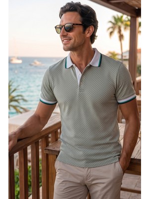 Exve Exclusive Çağla Yeşili Üzeri Beyaz Puantiyeli Kıvrılmaz Yaka Yazlık Polo Tişört %100 Pamuk Nefes Alan T-Shirt