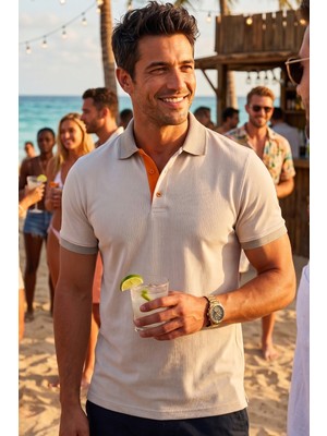 Exve Exclusive Bej Triko Üzeri Turuncu Detaylı Kıvrılmaz Yaka Yazlık Polo Tişört %100 Pamuk Nefes Alan T-Shirt