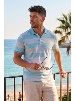Exve Exclusive Turkuaz Beyaz Çizgili Denizci Kıvrılmaz Yaka Yazlık Polo Tişört %100 Pamuk Nefes Alan T-Shirt