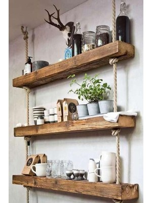 Dekoriye Retro Kalın Ahşap Duvar Rafı Rustic Raf