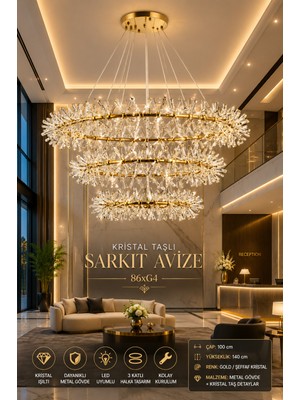 Elvora Home Modern (Premium) Kristal Taşlı Gold Luxury Sarkıt Avize 3 Kat Modern Lüks Salon Otel Lobi Avizesi Modelleri 86XG4 Duylu