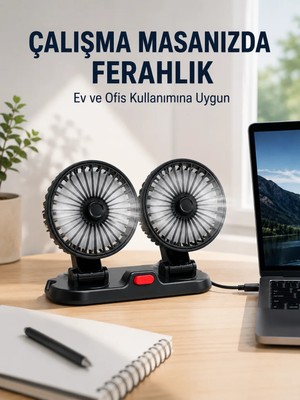Elivora Araç ve Ev Kullanımına Uygun Çift Başlıklı Masaüstü Vantilatör