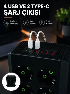 Elivora 8'li Dikey Çoklu Priz 4 USB 2 Type-C Akım Korumalı Anahtarlı Priz