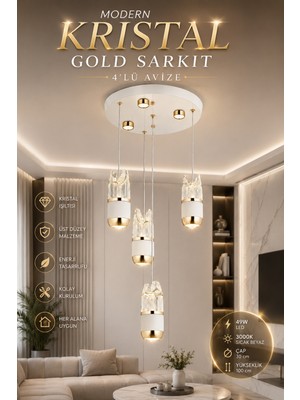 Elvora Home Modern (Premium) 4'lü Kristal Ledli 49W 3000K Gold Detaylı Beyaz Sarkıt Avize Lüks Tasarım Salon Oturma Odası Avizesi Modelleri