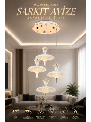 Elvora Home Modern (Premium) Kristal Taşlı Gold Sarkıt Avize 4'lü Ledli 69W 3 Renk Salon Yemek Odası Oturma Odası Avizesi Modelleri