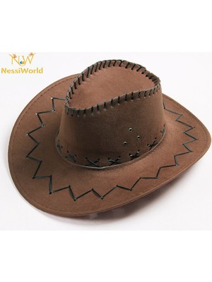 AyrStore Bağcıklı Çocuk Boy Nubuk Süet Kovboy Şapkası Koyu Kahve Renk